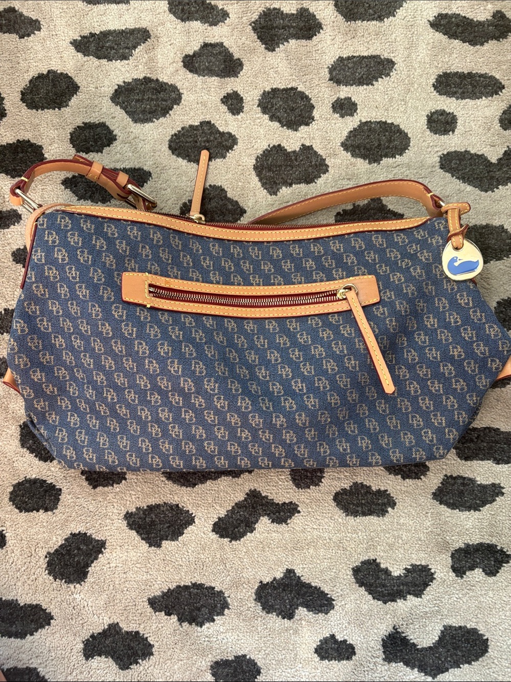 Dooney & Bourke Blue Signature Canvas Shoulder Bag with Tan Trim